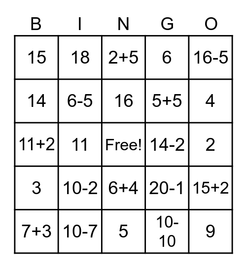 Math Bingo - Addition and Subtraction Bingo Card