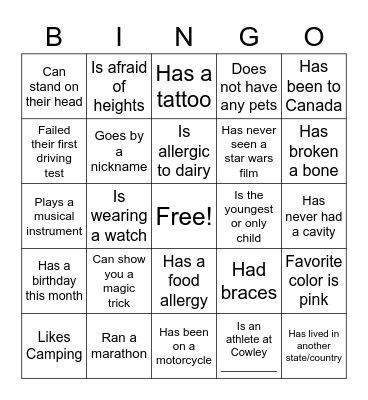 Cowley College New Student Orientation Bingo Card