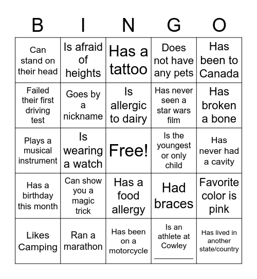 Cowley College New Student Orientation Bingo Card