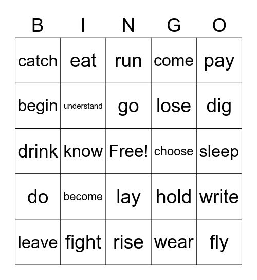 Irregular Verbs - Simple and Past tense Bingo Card