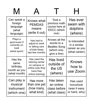 Math Bingo Card