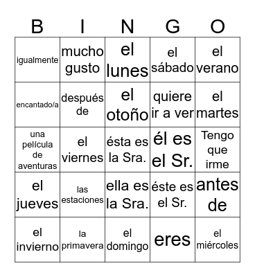 1A Lessons 15 & 16 Bingo Card