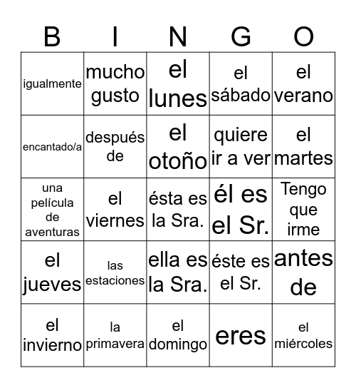 1A Lessons 15 & 16 Bingo Card