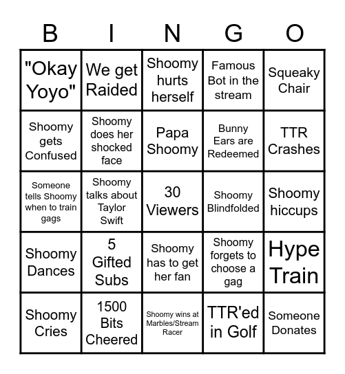 Shoomy Bingo 2.0! Bingo Card