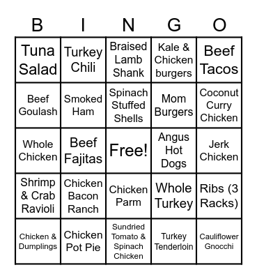 Dinner Bingo! Pt 1 Bingo Card