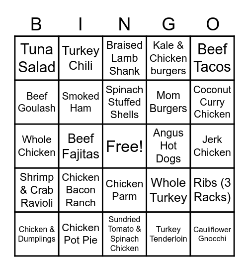 Dinner Bingo! Pt 1 Bingo Card