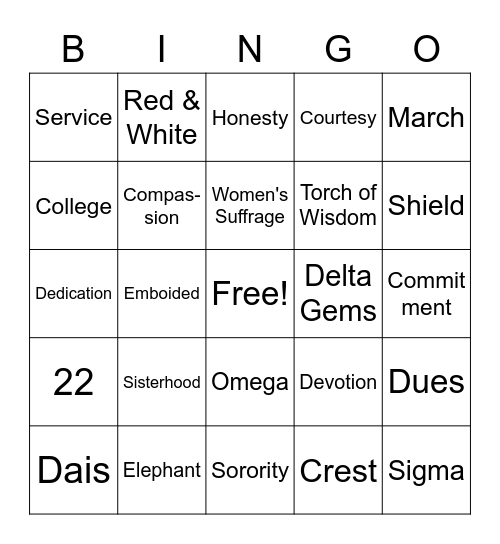 Delta Sigma Theta Sisterhood Bingo Card