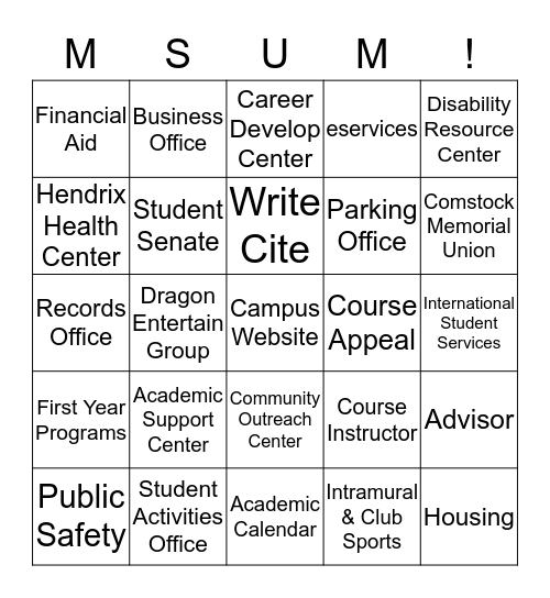 FYE 101 Campus Resources Bingo Card