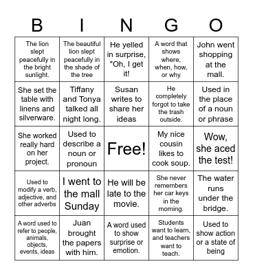 Parts of Speech Bingo Card