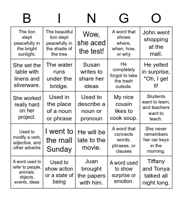 Parts of Speech Bingo Card