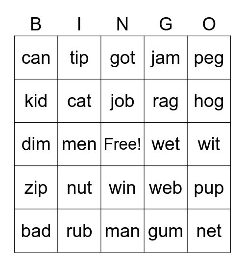 C-V-C Bingo Card