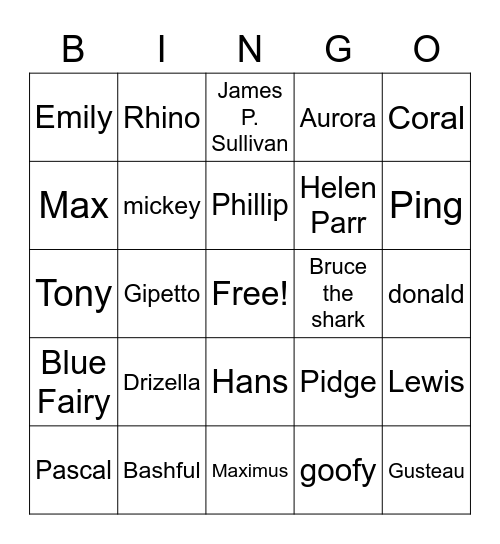 Disney Character Bingo Card