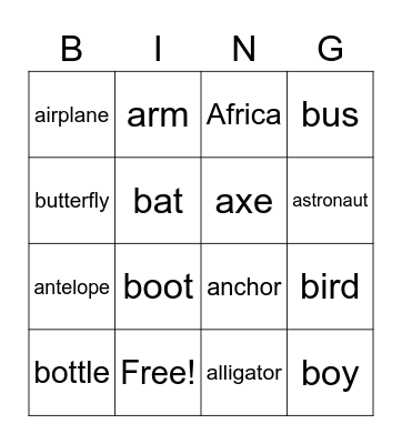 Aa Bb Bingo Card