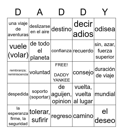 "La Despedida" Vocabulario Bingo Card