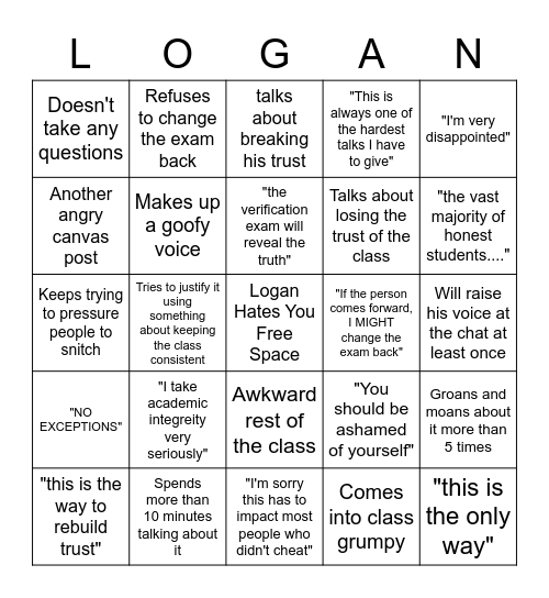Logan's Rant Bingo Card