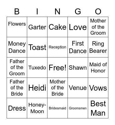 Heidi's Bridal Shower Bingo Card