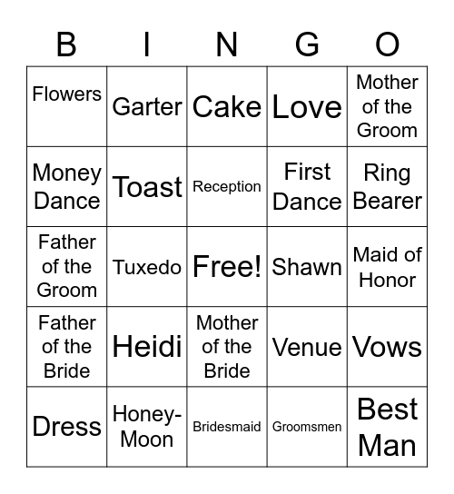 Heidi's Bridal Shower Bingo Card