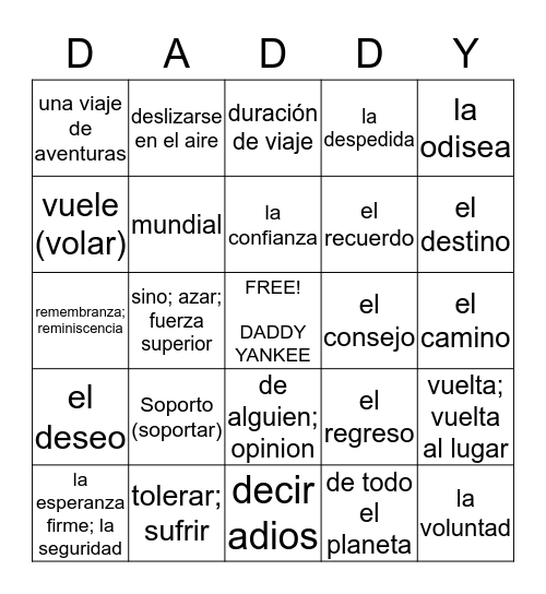 "La Despedida" Vocabulario Bingo Card