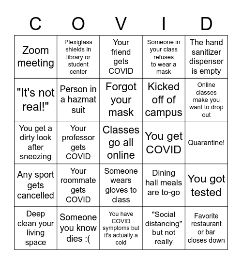 COVID-19: University Edition Bingo Card