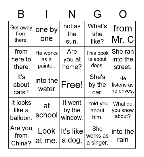 Most Common Prepositions #2 (7-13) Bingo Card