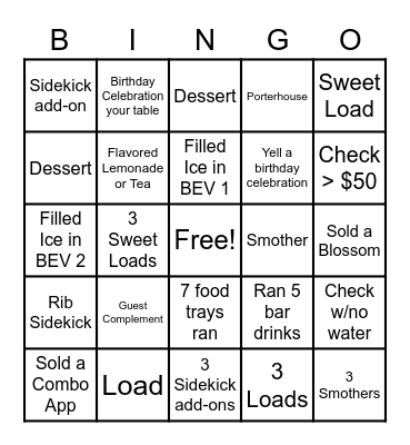 Texas Roadhouse Bingo Card