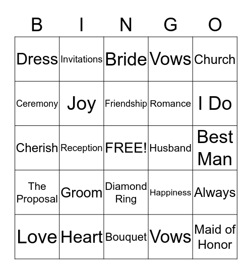 Wedding Bingo Card