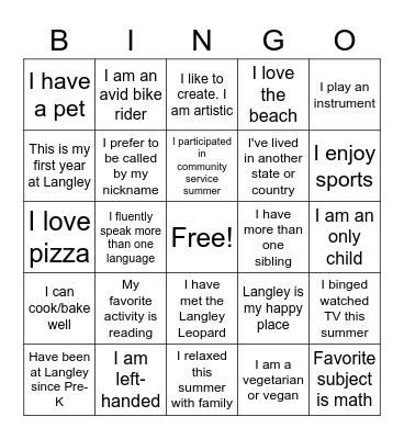 Bingo to Know You Bingo Card