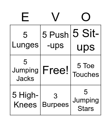 EVO Fitness BINGO Card
