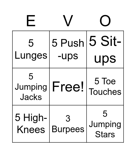EVO Fitness BINGO Card