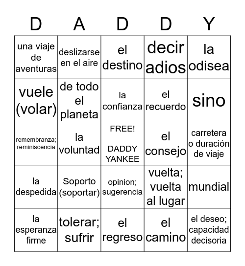 "La Despedida" Vocabulario Bingo Card