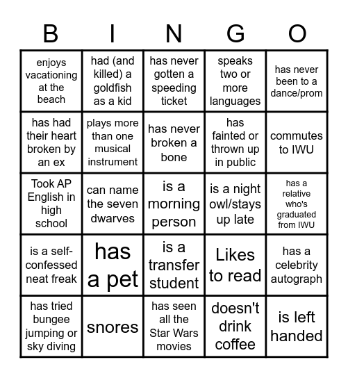 People Search Bingo Card