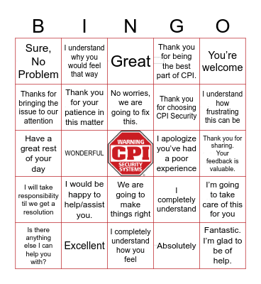 Customer Service Bingo Card