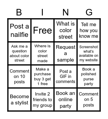 Color street bingo Card