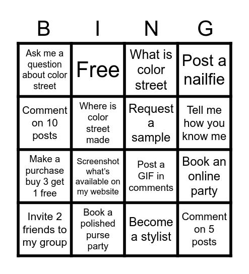 Color street bingo Card