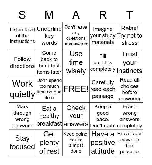 Smart Test Taking Strategies Bingo Card