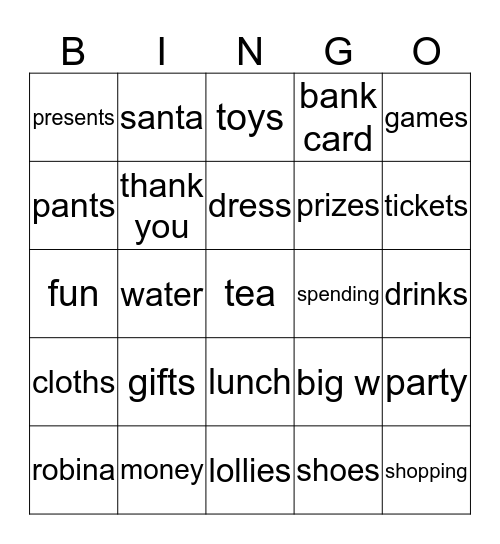 Shopping Trip Bingo Card