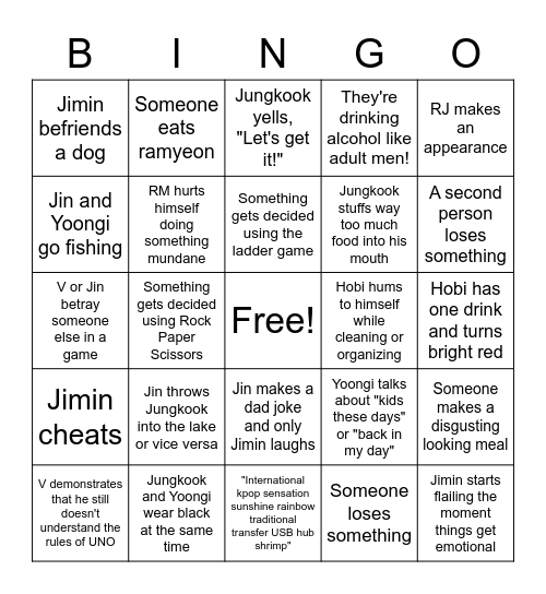 BTS In The SOOP Bingo Card