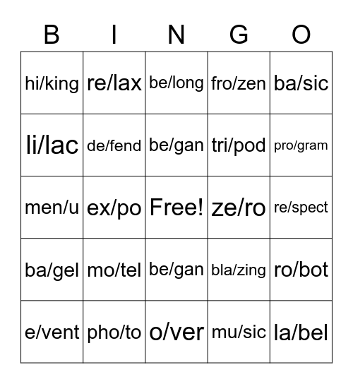 Two Syllable Words Bingo Card