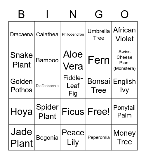 House Plant Bingo Card