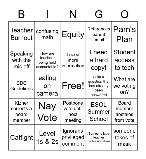 7/28 School Board Meeting Bingo Card