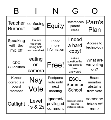 School Board Meeting Bingo Card
