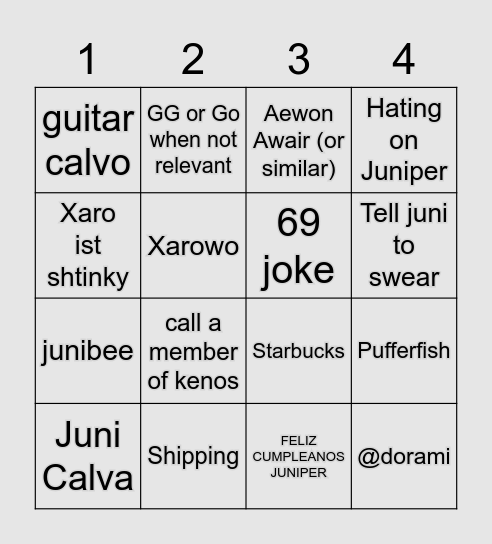 Juniper Chat Bingo Card