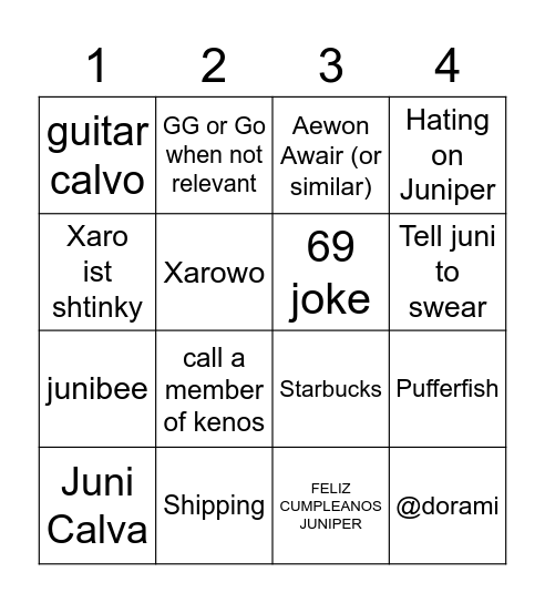 Juniper Chat Bingo Card