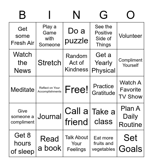 Personal Wellness Bingo Card