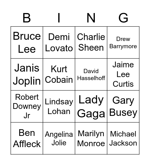 Famous Celebrities Bingo Card