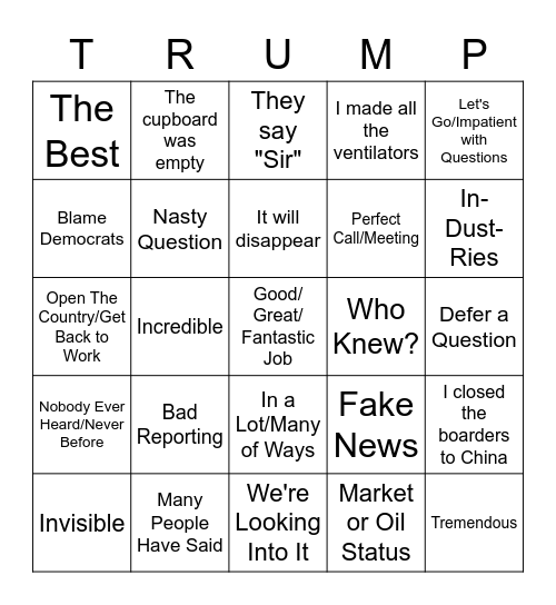 Trump COVID-19 Speech Bingo Card