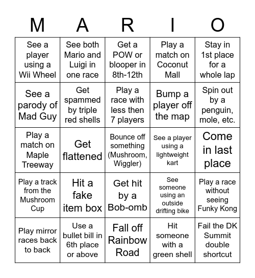 Mariokart Wii Bingo Card