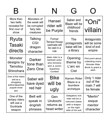 Kamen Rider Saber Press Conference Predictions Bingo Card