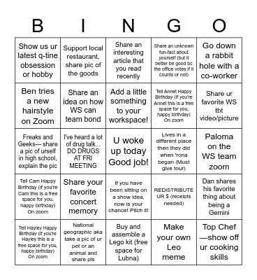 "The Last Dance" WS Bingo Sheet Bingo Card