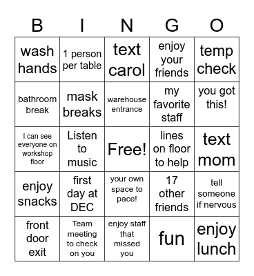 putting it all together Bingo Card